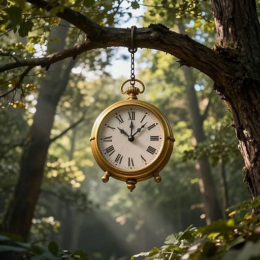 Photograph of a vintage, gold pocket watch with black Roman numerals, hanging from a tree branch in a sunlit forest.