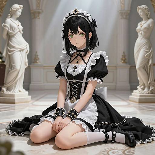 Digital anime-style maid in black and white outfit, kneeling in elegant room with classical statues, wearing black choker and wristbands.