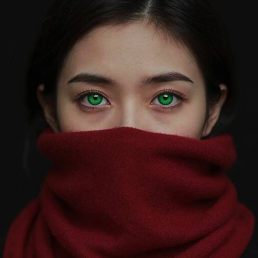Photograph of a woman with striking green eyes, dark hair, and a red scarf covering her lower face, against a black background.