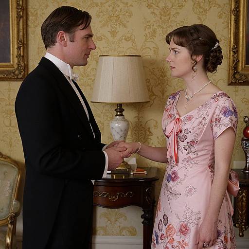 Photograph of a man in a black tuxedo and a woman in a pink floral dress holding hands in an ornate, vintage living room.
