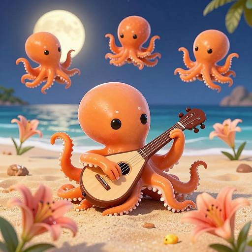 Cute Octopus Playing Lute at Moonlit Beach