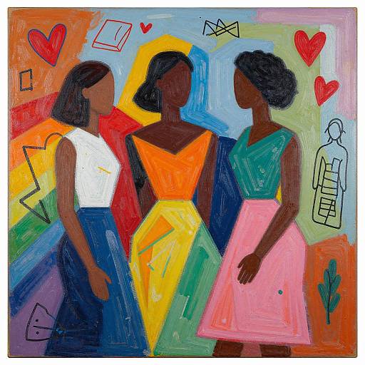 Vibrant, abstract painting of three dark-skinned women in colorful dresses, with red hearts and geometric shapes, standing closely together.
