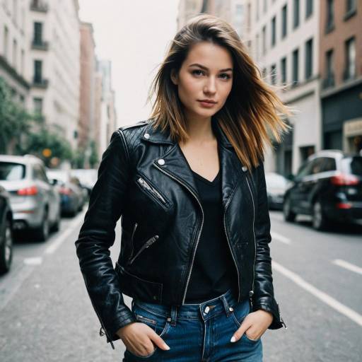 Young Woman in Leather Jacket on City Street