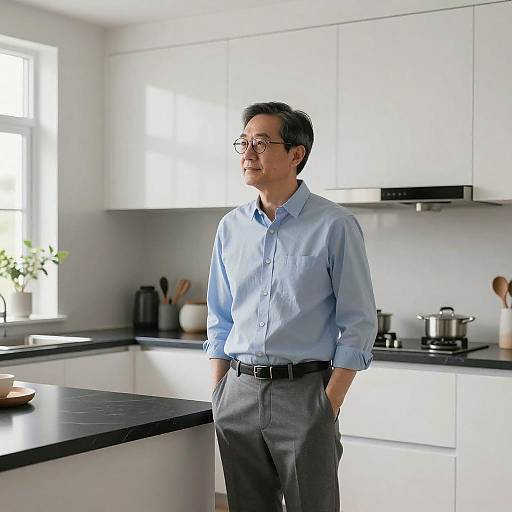 Photograph of an older Asian man with glasses, light blue shirt, gray pants, standing in a bright, modern kitchen.