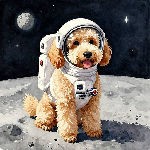 Cute, fluffy golden puppy in a white astronaut suit with a helmet, sitting on a moon surface with a planet in the dark starry sky background