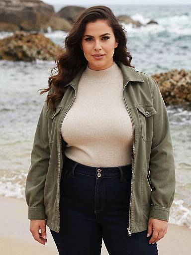 Photograph of a curvy woman with long dark hair, wearing a green jacket, white sweater, and black jeans, standing on a rocky beach with