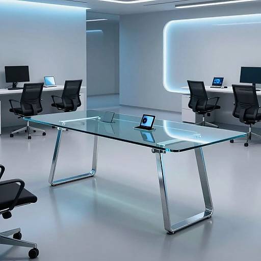 Modern, minimalist office with a glass-top, metal-frame conference table; four black office chairs; three desks with monitors; blue-lit walls. Photograph
