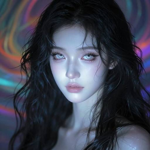 Digital portrait of a pale, ethereal woman with wet, black hair and glowing blue eyes, set against a vibrant, swirling, multi-colored background.