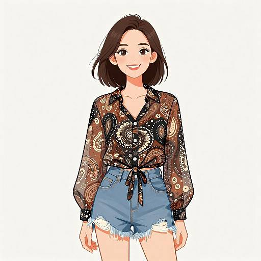 Digital anime-style illustration of a smiling young woman with shoulder-length brown hair, wearing a patterned sheer blouse and high-waisted, frayed denim