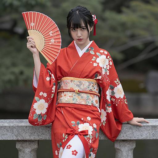 Asian Woman in Red Floral Kimono with Fan