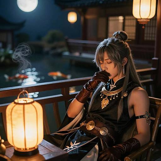 Moonlit Teahouse: Aether's Quiet Moment