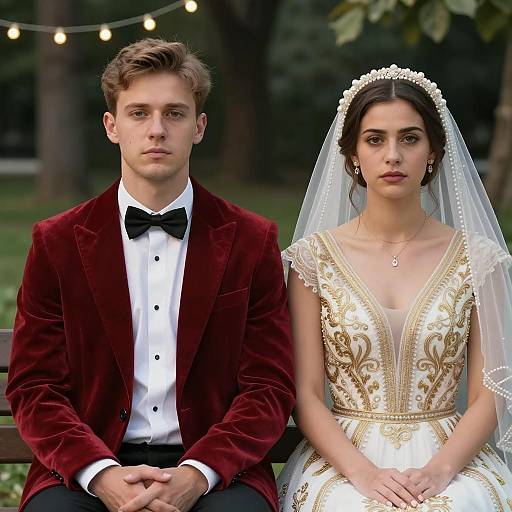 Elegant Bride and Groom Sitting on Bench