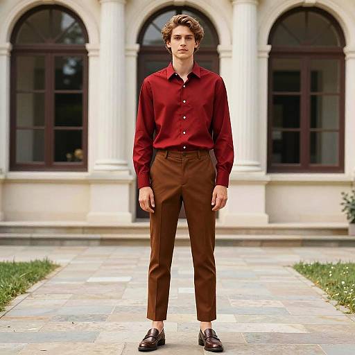 Man in Red Shirt and Brown Pants Standing Outdoors