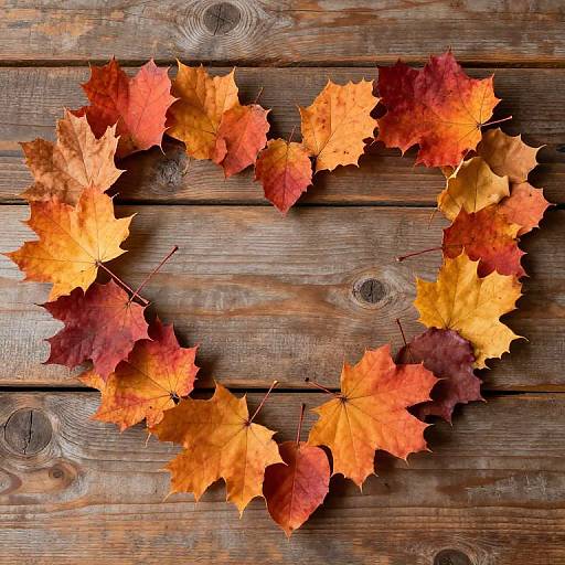Photograph of a circular arrangement of vibrant autumn leaves in red, orange, and yellow hues on a rustic wooden surface.