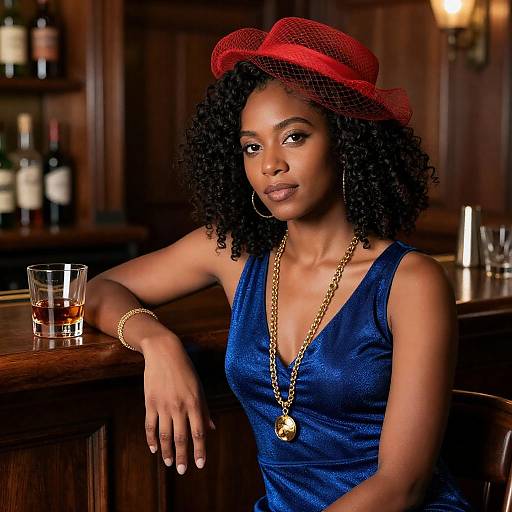 Elegant Woman in Blue Dress at Bar