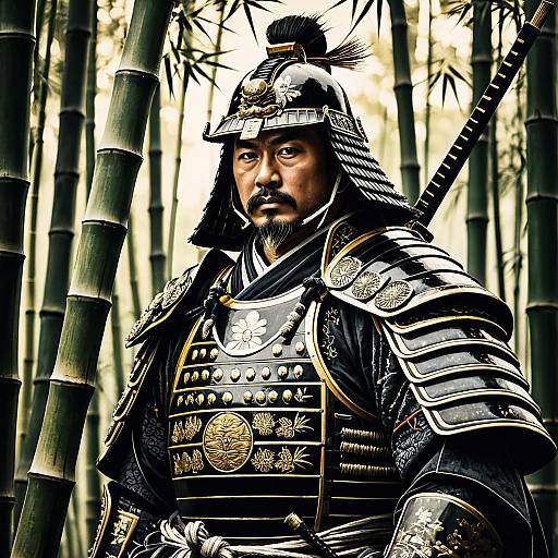 Stern Samurai General in Ornate Armor in Bamboo Forest