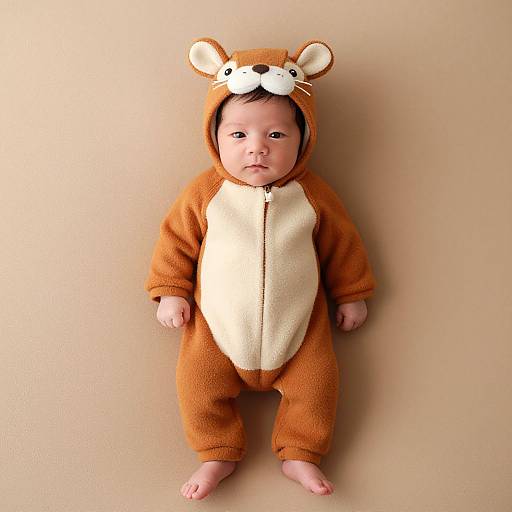 Photograph of a baby in an orange and white fuzzy bear onesie with a bear head hood, standing against a beige wall.