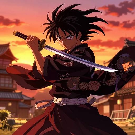 Anime-style digital artwork of a spiky-haired warrior with a determined expression, holding a katana against a vibrant sunset sky, wearing a black kimono