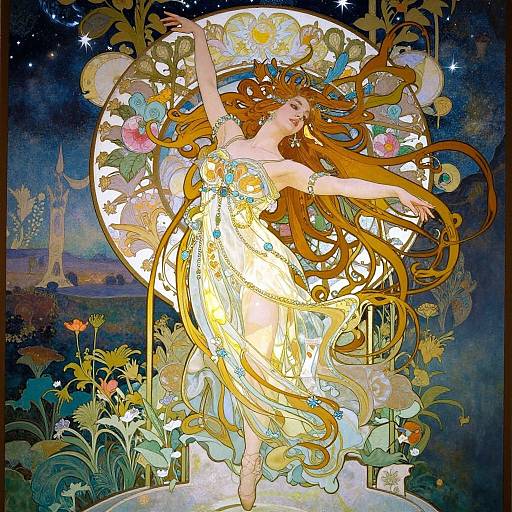 Art Nouveau-style painting of a dancing woman with long, flowing red hair in a glowing, floral-patterned dress, surrounded by vibrant flowers and a