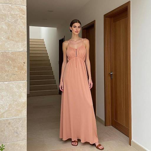 Woman in Peach Long Dress in Modern Hallway