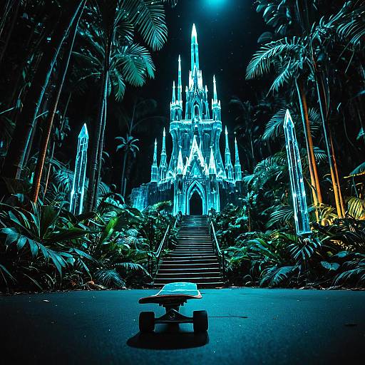 Bioluminescent Jungle with Crystal Castle and Skateboard