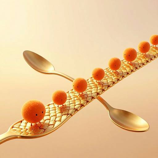 Golden spoon weave with orange pom-poms, bright sunlight background. Digital art featuring vibrant colors and reflective textures.