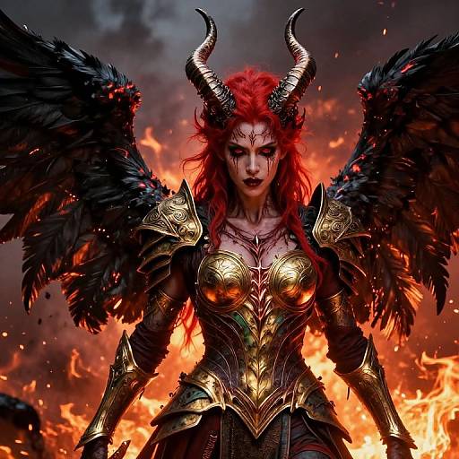 Digital artwork of a fierce red-haired demoness with black wings and golden armor, standing amid fiery flames with horns and intense gaze.