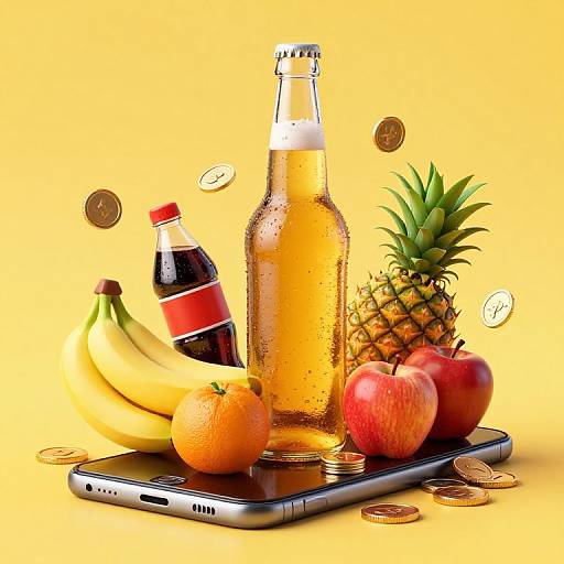 Photograph of a yellow background featuring a bottle of beer, pineapple, bananas, apples, orange, Coke bottle, and coins on a smartphone.