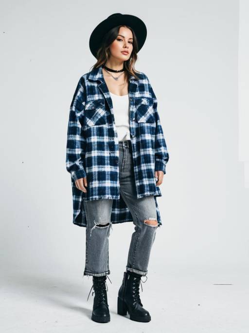 Woman in Casual Streetwear with Oversized Plaid Shacket