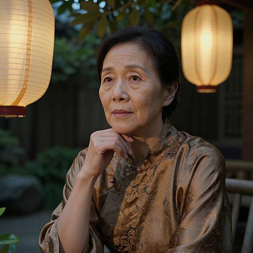 Photograph of an Asian elderly woman with short black hair, wearing a brown, patterned robe, illuminated by warm paper lanterns in a dimly