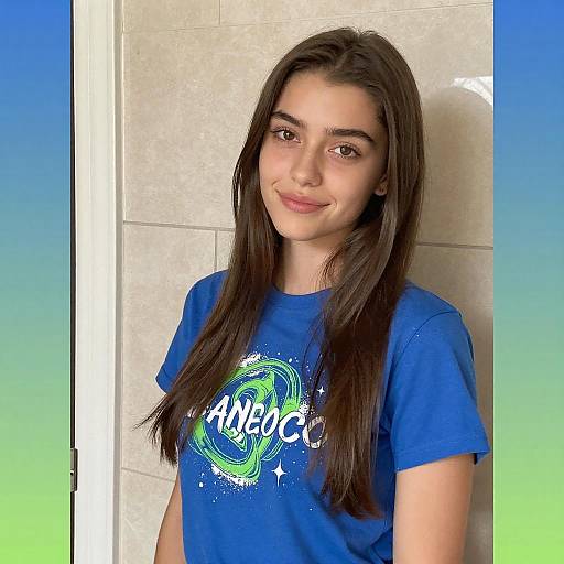 Young Woman in Blue Graphic Tee