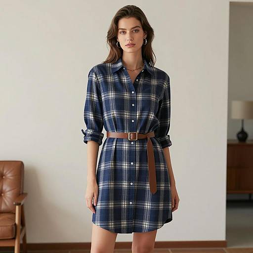 Chic Woman in Blue Plaid Dress