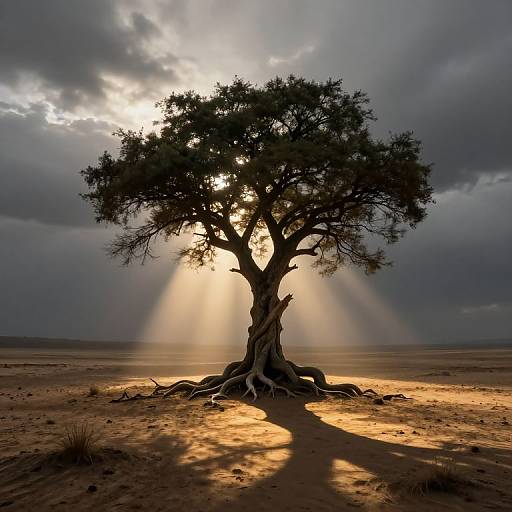 Photograph of a solitary, twisted tree in a desert, bathed in golden sunlight beams piercing through dark, cloudy sky, casting dramatic shadows on the