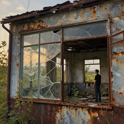 Photograph of a rusted, broken-windowed abandoned building with a person standing inside, reflected in glass, surrounded by overgrown vegetation.