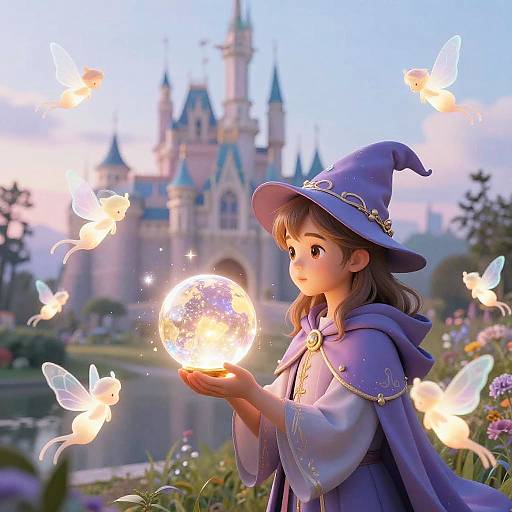 Anime-style illustration of a young girl in a purple witch hat and cape, holding a glowing orb, surrounded by glowing butterflies, with a fairy-tale