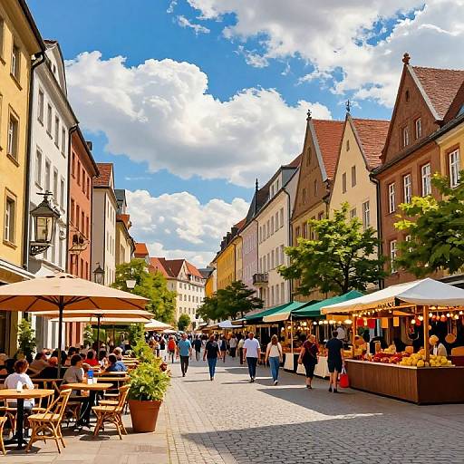 Colorful photograph of a bustling European street market under a bright blue sky with fluffy clouds. People dine at outdoor cafes, shop at market stalls, and