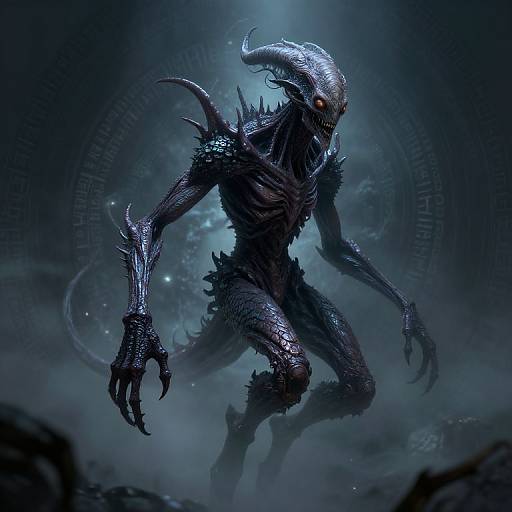 Digital artwork of a menacing, dark, scaly, alien creature with sharp claws, red eyes, and horned head, set against a blue,