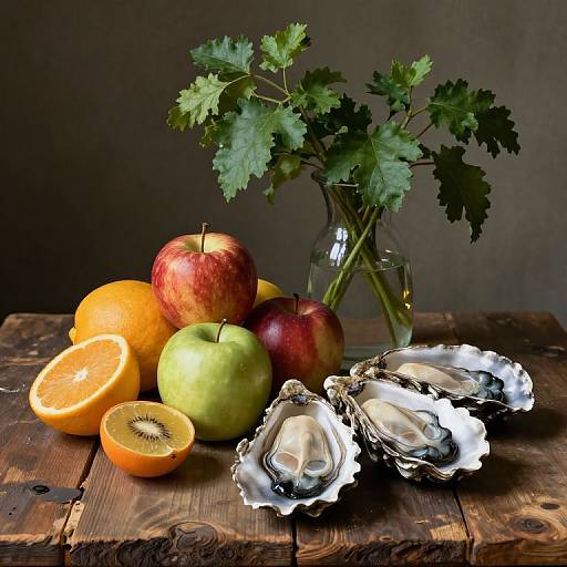 Photograph of a rustic wooden table with fresh apples, oranges, green apple halves, kiwi slice, oysters in shells, and a glass jar