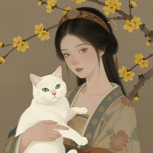 Elegant woman holding white cat with floral background