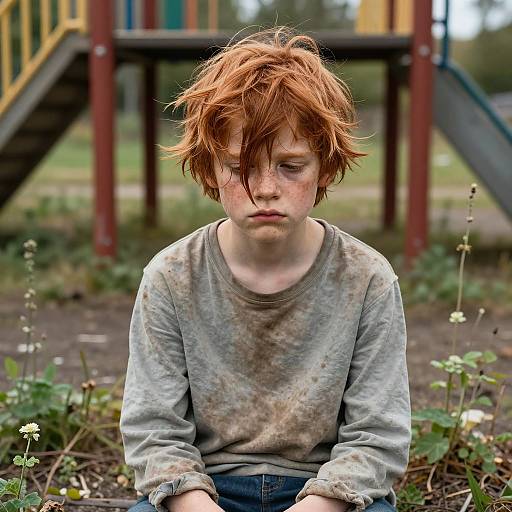 Melancholic Ginger Boy in Abandoned Playground