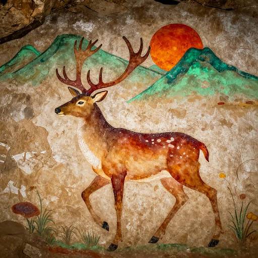 Digital painting of a deer with large antlers walking in a textured, colorful landscape featuring green mountains, a bright orange sun, and scattered flowers.