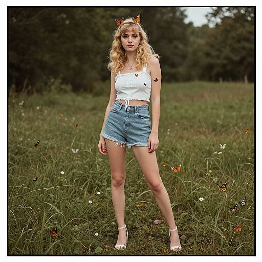 Photograph of a blonde woman with curly hair, wearing a white crop top, high-waisted denim shorts, and white heels, standing in a