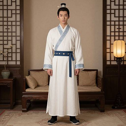 Photograph of an East Asian man in a traditional white Korean hanbok with blue trim, black belt, and black shoes, standing in a traditional