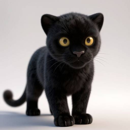 Photorealistic CGI of a black kitten with large, yellow eyes and detailed fur, standing on a white background.