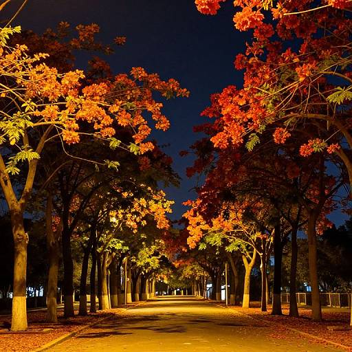 Photograph of a tree-lined path at night, illuminated by warm streetlights, with vivid red-orange autumn leaves contrasting against a dark blue sky.