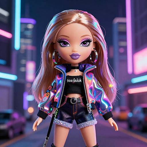 Photorealistic CGI of a blonde doll with purple lips, wearing a colorful neon jacket, black crop top, and shorts, standing on a neon-l
