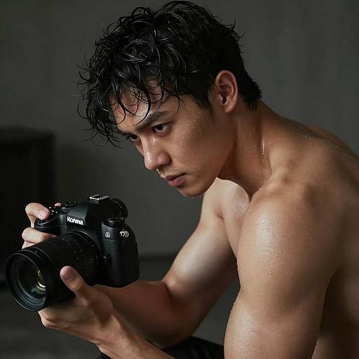 Intense Gaze: Shirtless Man with Camera