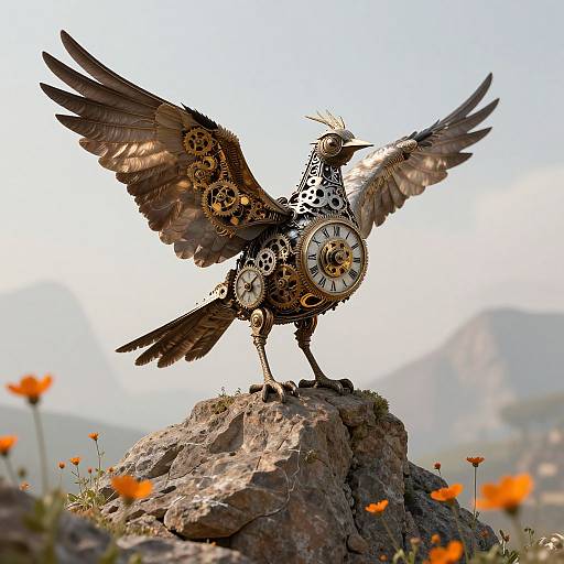Photograph of a steampunk bird with mechanical gears and clockwork details, wings spread, standing on a rocky outcrop with orange flowers in the