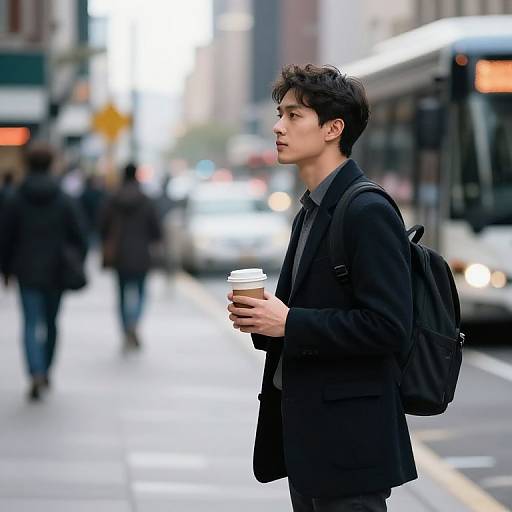 Photograph of a young Asian man with curly black hair, wearing a black suit, backpack, and holding a coffee cup, standing on a busy urban