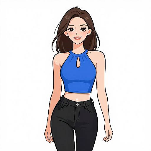Digital anime-style drawing of a smiling woman with fair skin, brown hair, wearing a blue halter top and black high-waisted pants.